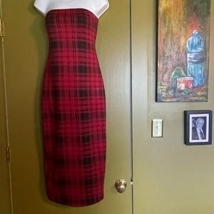 Nasty Gal Red and Black Plaid Strapless Bodycon Dress